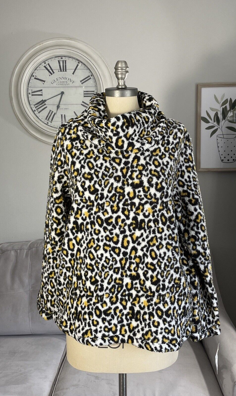 Style & Co Animal Print Faux Sherpa Cowl Neck Pullover Sweater M long Sleeve Top